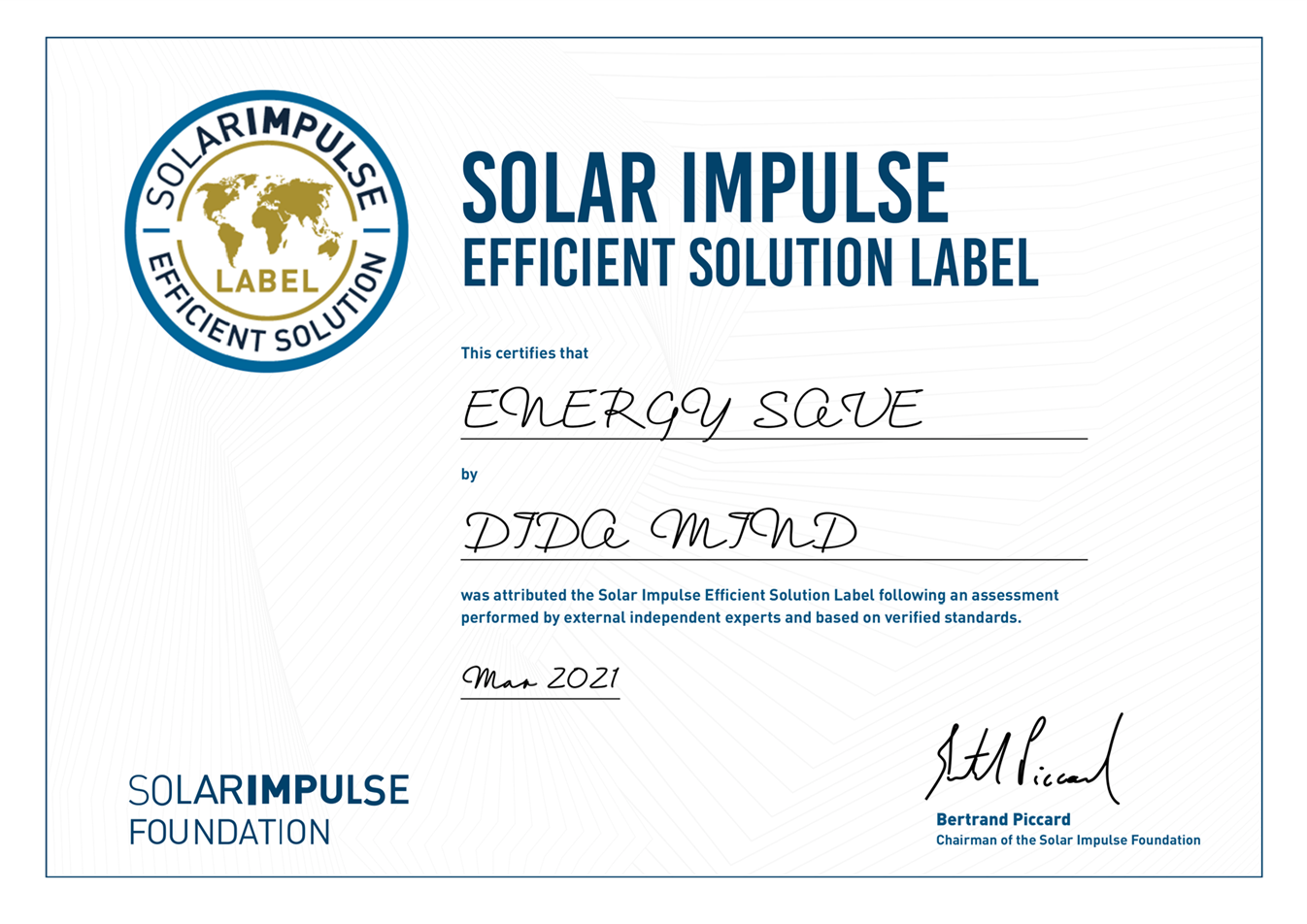 Solar Impulse Efficient Solution Certificate